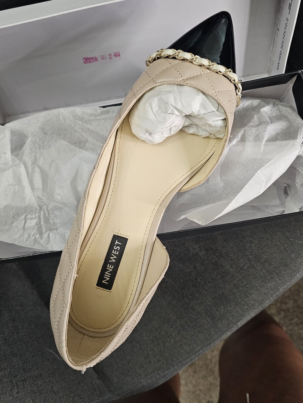 Nine West Beige Quilted Flat with Black Patent Pointed Toe & Gold Chain